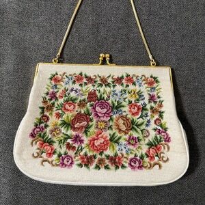 Vintage Floral Petit Point Needle Point Evening Bag With Gold Tone Clasp & Chain